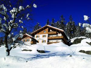 ein schneebedecktes Gebäude neben einem Baum in der Unterkunft Pension Haus Sonnenfels in Bodenmais