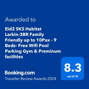 a screenshot of a phone with the text upgraded to elf dies habitat latin at Eid2 SKS Habitat Larkin-3BR Family Friendly up to 10Pax - 9 Beds- Free Wifi Pool Parking Gym & Preminum facilities in Johor Bahru