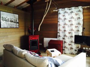 ein Wohnzimmer mit einem Sofa, einem Kamin und einem TV in der Unterkunft Gîte Les Cigognes in Orchamps-Vennes