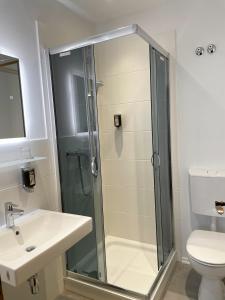 La salle de bains est pourvue d'une douche, d'un lavabo et de toilettes. dans l'établissement Hotel Fränkischer Hof, à Kitzingen