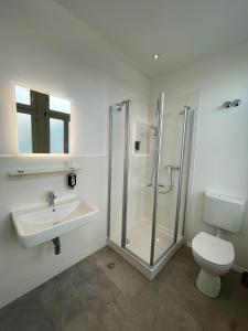 a bathroom with a shower and a toilet and a sink at Hotel Fränkischer Hof in Kitzingen