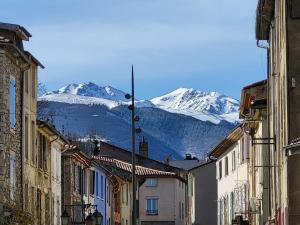 ラヴラネにあるLe Gargantuaの雪山を背景にした建物の通り