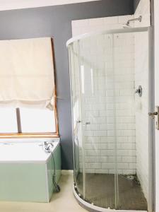 a shower stall in a bathroom with a mirror at Bella Hideaway in East London