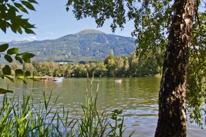a view of a lake with a mountain in the background at Appartements Wessely am Golfplatz Lans Innsbruck in Innsbruck