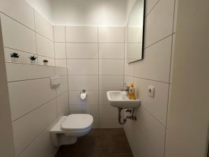 a white bathroom with a toilet and a sink at Premium Unterkunft für Monteure und Geschäftsreisende : Vollausgestattet, WIFI & Washing in Lembruch +23 photos