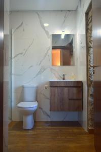 a bathroom with a toilet and a sink and a mirror at Quinta do Limite - Agroturismo in Covilhã