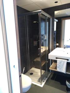 een badkamer met een douche, een toilet en een wastafel bij Domaine du Lazaret in Sète