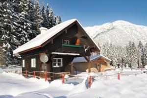 una cabaña de madera en la nieve con nieve en Chalets Grossmitt, en Pertisau