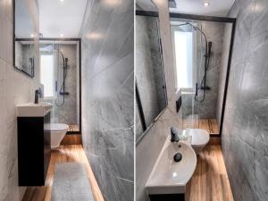 two images of a bathroom with a sink and a mirror at Platinium Red Brick Apartment - Bema in Gdańsk