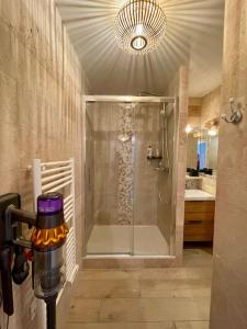 ein Bad mit einer Dusche und einer Glastür in der Unterkunft Disneyland 5 min/9 pers/Gare in Montévrain