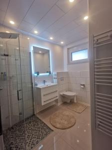ein Bad mit einer Dusche, einem WC und einem Waschbecken in der Unterkunft Ferienwohnung Edelweiß in Rust