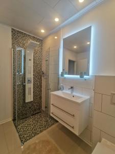 ein Bad mit einem Waschbecken und einer Dusche mit einem Spiegel in der Unterkunft Ferienwohnung Edelweiß in Rust