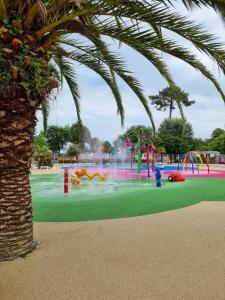a playground with a water park with a palm tree at Mobil home tout confort au Camping Les Viviers, Cap Ferret in Claouey
