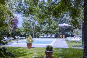 a pool with chairs and an umbrella in a yard at Casa Capanni alla Fila in Cortona