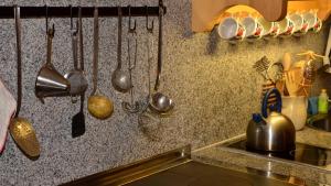 a kitchen counter with utensils hanging on a wall at Feldkasten Biohof Lurger in Breitenbrunn