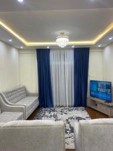 a living room with a couch and a television at Very secure apartment Bole Addis Enyi Real Estate in Addis Ababa