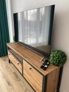 TV de pantalla plana en un centro de entretenimiento de madera en Rado apartments en Svit
