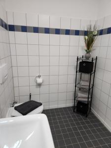 baño con aseo y estante con toallas en Landhaus Appartement, en Bad Salzuflen