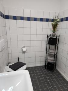 a bathroom with a toilet and a shelf with towels at Landhaus Appartement in Bad Salzuflen