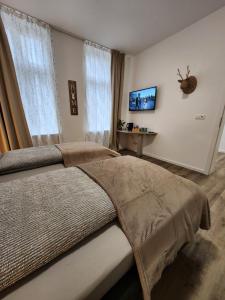 a bedroom with a bed with a television and curtains at Landhaus Appartement in Bad Salzuflen