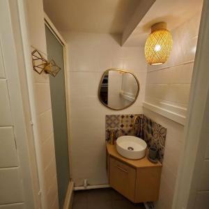 une salle de bain avec un lavabo et un miroir dans l'établissement Les Valéricaines - Studio en plein cœur de la cité médiévale, à Saint-Valery-sur-Somme 3 autres photos