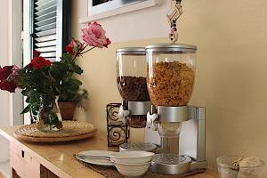 um balcão de cozinha com um processador de alimentos e vasos com flores em B&B Casale Coreallo Spotorno em Spotorno