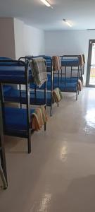 rząd niebieskich łóżek piętrowych w pokoju w obiekcie Albergue Santiago Apostol w mieście Logroño