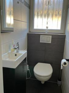 a bathroom with a toilet and a sink and a window at Ferien bzw Messewohnung in Sinzheim bei Baden Baden in Sinzheim