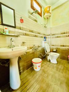 uma casa de banho com um lavatório e um WC em Pahadi Bliss Hostel ,Tosh em Tosh