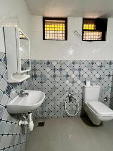 a bathroom with a sink and a toilet and a mirror at Easy Living Guesthouse in Varca