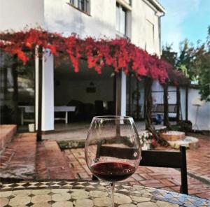 a glass of red wine sitting on a table at Molino Viejo de Salar in Salar