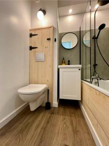 a bathroom with a toilet and a sink and a shower at L'ETERLOU, Studio Centre station in Risoul