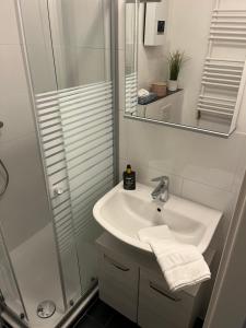 La salle de bains blanche est pourvue d'un lavabo et d'une douche. dans l'établissement Kaminflair, à Altenau