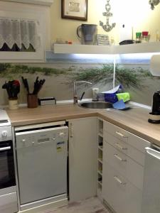 eine Küche mit einer Spüle und einer Arbeitsplatte in der Unterkunft Heidi`s Ferienhaus in Mittenaar