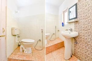 two pictures of a bathroom with a toilet and a sink at FabHotel Elavali Valley in Manāli