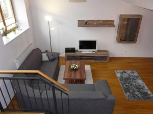 a living room with a couch and a tv at Kampenwand-Loft in Aschau im Chiemgau