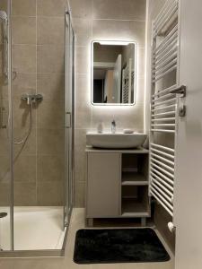 a bathroom with a sink and a shower at Kramare 303 in Bratislava