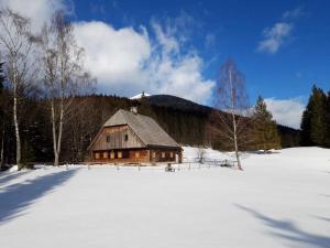 a wooden cabin in a snow covered field with trees at Wildererhütte 240 Jahre alt 