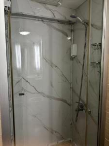 La salle de bains est pourvue d'une douche avec une porte en verre. dans l'établissement D&D SUİTE, à Istanbul