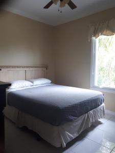 a bedroom with a large bed with a ceiling fan at Coral Harbour Beach Apartment in Nassau