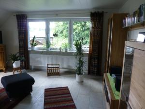 a living room with a large window and plants at Ferienwohnung in Tecklenburg