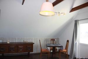 een eetkamer met een tafel en stoelen en een lamp bij Ferienwohnung Wiesenweg Görlitz in Görlitz