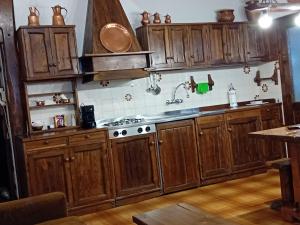 a kitchen with wooden cabinets and a stove at Tosa Inn in Miroglio
