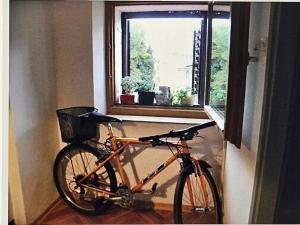 un vélo garé dans une chambre à côté d'une fenêtre dans l'établissement Ferienglück unterm Dach, à Poreč