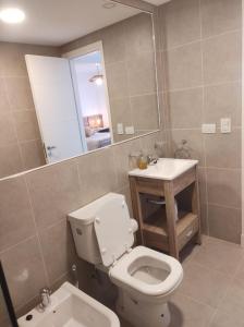 ein Badezimmer mit Toilette, Waschbecken und Spiegel in der Unterkunft Hermoso Departamento confort y calidad in Cordoba