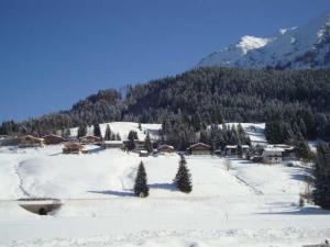 a snow covered village with trees and a mountain at Haus Aria 