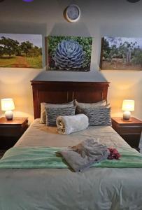 Umkhaya Lodge في Mkuze: غرفة نوم مع سرير مع مصباحين ولوحات على الحائط