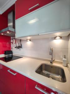 una cocina con fregadero y armarios rojos en SOLPOR en Silleda