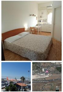 two pictures of a bedroom with a bed and a kitchen at Fontanarossa Airport Apartment in Catania