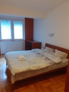 a bedroom with a large bed with two windows at Ballet apartament - 2 in Skopje